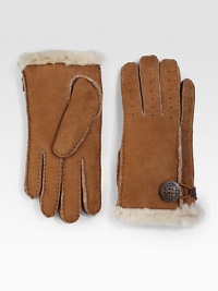 Keep your hands warm in this perforated shearling sheepskin design in soft suede or supple leather with button loop detail. About 8½ long Imported Fur origin: Spain Keep your hands warm in this perforated shearling sheepskin design in soft suede or supple leather with button loop detail. About 8½ long Imported Fur origin: Spain