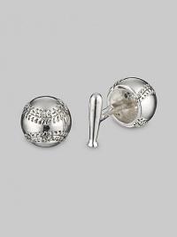 From the Sports Collection. Hit a stylistic home run with baseball and bat links in rich sterling silver. Sterling silver Back bat closure About ½ diam. Made in USA From the Sports Collection. Hit a stylistic home run with baseball and bat links in rich sterling silver. Sterling silver Back bat closure About ½ diam. Made in USA