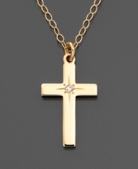 A lovely and meaningful gift, this 14k gold dainty cross pendant features a pretty diamond accent. A lovely and meaningful gift, this 14k gold dainty cross pendant features a pretty diamond accent.