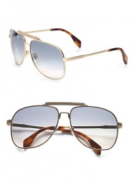 Sleek metal aviator frames with a wood accented top bar. Available in light gold with brown mirror gradient lens or dark ruthenium with grey gradient lens. Logo temples100% UV protectionMade in Italy 