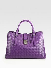 Classic elegance in exquisite woven nappa lambskin with braided handles and a three-compartment interior.Adjustable braided double handles, 5½-7¾ drop Magnetic snap close for center compartment Flap-over strap closure with lock and key One inside zip pocket One inside open pocket Suede lining 14W X 10H X 7½D Made in Italy Classic elegance in exquisite woven nappa lambskin with braided handles and a three-compartment interior.Adjustable braided double handles, 5½-7¾ drop Magnetic snap close for center compartment Flap-over strap closure with lock and key One inside zip pocket One inside open pocket Suede lining 14W X 10H X 7½D Made in Italy