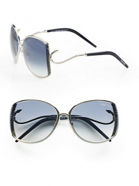 This sleek design boasts a ridged metal frame with hook detailed temples for a truely unique look. Available in shiny palladium blue with dark blue gradient lens. Hook detailed temples100% UV protectionMade in Italy This sleek design boasts a ridged metal frame with hook detailed temples for a truely unique look. Available in shiny palladium blue with dark blue gradient lens. Hook detailed temples100% UV protectionMade in Italy