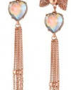 Betsey Johnson Iconic Vintage Rose Crystal Heart and Mesh Bow Linear Drop Earrings