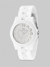 A sleek stainless steel timepiece with glitzy logo dial and sporty plastic link bracelet.Quartz movement Water resistant to 5 ATM White dial Round stainless steel case, 40mm, (1.57) Logo hour markers along outer concave ring with rhinestone 'Marc' Second hand Plastic link bracelet, 20mm, (.78) Tri-fold buckle Imported A sleek stainless steel timepiece with glitzy logo dial and sporty plastic link bracelet.Quartz movement Water resistant to 5 ATM White dial Round stainless steel case, 40mm, (1.57) Logo hour markers along outer concave ring with rhinestone 'Marc' Second hand Plastic link bracelet, 20mm, (.78) Tri-fold buckle Imported