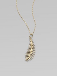 A graceful golden feather, so delicately rendered you can almost feel its softness, dazzles with diamonds as it hangs from a gold chain.Diamonds, .26 tcw14k yellow goldChain length, about 18Pendant length, about 1½Spring ring claspMade in USA