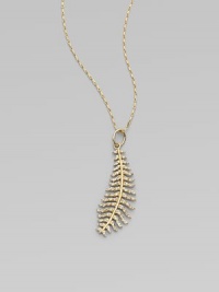 A graceful golden feather, so delicately rendered you can almost feel its softness, dazzles with diamonds as it hangs from a gold chain.Diamonds, .26 tcw14k yellow goldChain length, about 18Pendant length, about 1½Spring ring claspMade in USA A graceful golden feather, so delicately rendered you can almost feel its softness, dazzles with diamonds as it hangs from a gold chain.Diamonds, .26 tcw14k yellow goldChain length, about 18Pendant length, about 1½Spring ring claspMade in USA