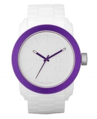 High impact is your style. Watch by Diesel crafted of white faux link texture silicone bracelet and round white plastic case, 44mm, with purple aluminum bezel. Matte white dial features stick indices, minute track, large numerals at two, three and four o'clock, logo and three purple hands. Quartz movement. Water resistant to 30 meters. Two-year limited warranty. High impact is your style. Watch by Diesel crafted of white faux link texture silicone bracelet and round white plastic case, 44mm, with purple aluminum bezel. Matte white dial features stick indices, minute track, large numerals at two, three and four o'clock, logo and three purple hands. Quartz movement. Water resistant to 30 meters. Two-year limited warranty.