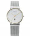 When style perfectly melds with function. This Skagen Denmark timepiece features a signature silvertone stainless steel mesh bracelet and case with a goldtone bezel, markers, and dots-- all contrasted on a white dial with a date window. Three-hand, quartz movement. Water resistant to 30 meters.