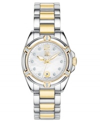 Enduring style and functionality combine with grace in this women's watch from ESQ by Movado. Two-tone stainless steel bracelet and round case. Mother-of-pearl round dial with diamond accent indices, date window and logo. Quartz movement. Water resistant to 100 meters. Two-year limited warranty. Enduring style and functionality combine with grace in this women's watch from ESQ by Movado. Two-tone stainless steel bracelet and round case. Mother-of-pearl round dial with diamond accent indices, date window and logo. Quartz movement. Water resistant to 100 meters. Two-year limited warranty.