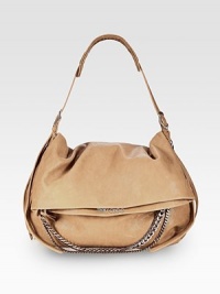 Sleek modern chains adorn this slouchy carryall made of butter-soft Italian leather. Adjustable shoulder strap, 9-23 dropFold-over top zip closureOne open compartment under flap with zip pocketOne inside zip pocketSuede lining15½W X 12H X 5DMade in Italy Sleek modern chains adorn this slouchy carryall made of butter-soft Italian leather. Adjustable shoulder strap, 9-23 dropFold-over top zip closureOne open compartment under flap with zip pocketOne inside zip pocketSuede lining15½W X 12H X 5DMade in Italy