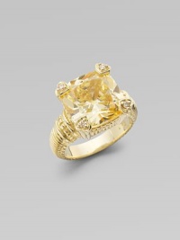 From the Lola Collection. Large cushion-cut canary crystal in 14K gold with diamond heart prongs.Diamonds, 0.076 tcwCanary crystal14K yellow goldAbout ½ squareImported