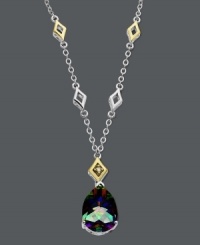 Add an elusive drop of color to your neckline. An enigmatic mystic topaz gemstone (6-1/2 ct. t.w.) and round-cut diamond accents will reflect a rainbow of colors within a chic sterling silver and 14k gold setting. Approximate length: 16 inches. Approximate drop: 1 inch. Add an elusive drop of color to your neckline. An enigmatic mystic topaz gemstone (6-1/2 ct. t.w.) and round-cut diamond accents will reflect a rainbow of colors within a chic sterling silver and 14k gold setting. Approximate length: 16 inches. Approximate drop: 1 inch.