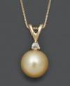 A golden spin on a traditional pearl necklace. This perfect pendant features an exotic golden south sea pearl (8-9 mm) with a sparkling diamond accent. Necklace crafted in 14k gold. Approximate length: 18 inches. Approximate drop: 5/8 inch.