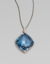 From the Cushion on Point Collection. A box-link chain of sterling silver proudly holds a faceted cushion of Hampton blue topaz, connected by a shimmering pavé diamond bead. Blue topaz Diamonds, 0.17 tcw Sterling silver Chain length, about 17 Pendant, about ¾ square Lobster clasp Made in USA