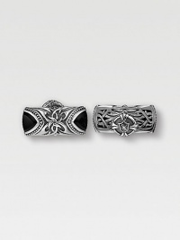 A artisinal touch in Sparta-engraved sterling silver with sparkling onyx detail. ¾ X 1½ Made in USA A artisinal touch in Sparta-engraved sterling silver with sparkling onyx detail. ¾ X 1½ Made in USA