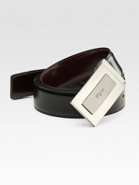 A handsome sporty style in calfskin leather with a signature plaque buckle. About 1¼ wide Made in Italy 