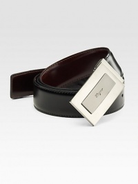 A handsome sporty style in calfskin leather with a signature plaque buckle. About 1¼ wide Made in Italy A handsome sporty style in calfskin leather with a signature plaque buckle. About 1¼ wide Made in Italy
