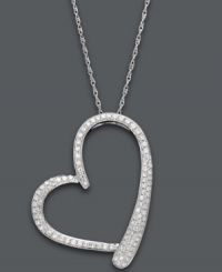 Asymmetrically stylish. This trendy heart-shaped pendant shines with the addition of sparkling round-cut diamonds (1/2 ct. t.w.). Setting and chain crafted in 14k white gold. Approximate length: 18 inches. Approximate drop: 1-1/4 inches. Asymmetrically stylish. This trendy heart-shaped pendant shines with the addition of sparkling round-cut diamonds (1/2 ct. t.w.). Setting and chain crafted in 14k white gold. Approximate length: 18 inches. Approximate drop: 1-1/4 inches.