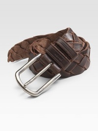 Braided leather with logo detail and a steel buckle. About 1½ wide Made in Italy Braided leather with logo detail and a steel buckle. About 1½ wide Made in Italy
