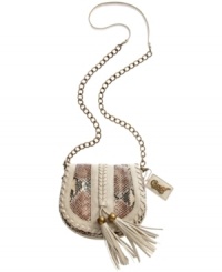 Take the textured trend out for the evening with this faux, snakeskin leather crossbody from Carlos by Carolos Santans. Outfitted with chain-link strap and flirty tassels, it's ideally sized for the essentials and a major must-have for the nocturnal creature. Take the textured trend out for the evening with this faux, snakeskin leather crossbody from Carlos by Carolos Santans. Outfitted with chain-link strap and flirty tassels, it's ideally sized for the essentials and a major must-have for the nocturnal creature.