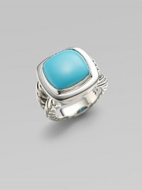 From the Albion Collection. A brilliantly colored cushion of turquoise sits within a smooth setting and split cable band of sterling silver. Turquoise Sterling silver About ¾ square Made in USA