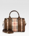 An iconic, haymarket check print on coated canvas accented with metallic leather and soft suede trim.Double leather top handles, 4½ dropDetachable adjustable leather shoulder strap, 19½-22½ dropTop zip closureOne inside zip pocketTwo inside open pocketsCotton lining12½W X 8½H X 6DImported