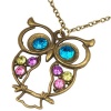 Vintage, Retro Colorful Crystal Owl Pendant and Chain with Antiqued Bronze/Brass Finish