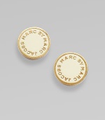 Simple enamel discs display the designer's imprint in raised golden letters. Enamel on brass Diameter, about ½ Post back Imported