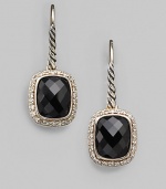 From the Noblesse Collection. A squared drop of faceted black onyx, framed by sparkling diamonds, hangs from a cable of sterling silver. Diamonds, 0.42 tcw Black onyx Sterling silver Drop, about ½ Ear wire Imported