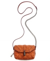 Quilted and cued for adventure, this ready-for-anything crossbody from RACHEL Rachel Roy goes from downtown dance club to uptown art gallery. Accented with chain-link details and antiqued silvertone hardware, its compact interior easily stows wallet, phone, keys and makeup.