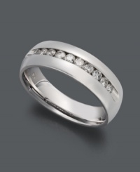 Style that will make him stand out in a crowd. This luminous men's wedding band highlights a seamless row of round-cut diamonds (1/2 ct. t.w.) channel-set in polished sterling silver. Size 10-1/2. Style that will make him stand out in a crowd. This luminous men's wedding band highlights a seamless row of round-cut diamonds (1/2 ct. t.w.) channel-set in polished sterling silver. Size 10-1/2.
