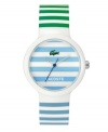 Refined sports watch with a burst of lively color. Unisex Goa watch by Lacoste crafted of blue and green stripe silicone strap and round white plastic case. Blue stripe dial features iconic crocodile logo, cutout hour and minute hands and blue second hand. Quartz movement. Water resistant to 30 meters. Two-year limited warranty.