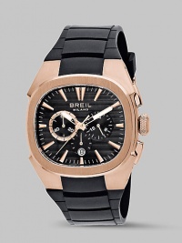A sport-inspired look crafted with quartz precision and two-eye chronograph detail on a rubber band. Quartz movement Water-resistant to 10ATM Rose IP stainless steel case; 44mm diameter (1.7) Black sunray dial Second hand Date display at 6:00 Rubber strap Imported 