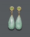 Glam it up in gorgeous green hues. These dramatic drop earrings highlight a faceted jade teardrop (18 mm x 8 mm) and post setting decorated by a round-cut peridot (1 ct. t.w.). Crafted in 14k gold. Approximate drop: 1-1/4 inches.