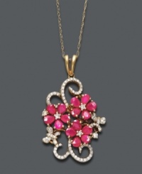 Freshen up your look with a floral bouquet. This breathtaking pendant features three flowers with pear-cut ruby petals (3-3/4 ct. t.w.) and swirling round-cut diamonds (3/8 ct. t.w.). Setting and chain crafted in 14k gold. Approximate length: 18 inches. Approximate drop: 1 inch. Freshen up your look with a floral bouquet. This breathtaking pendant features three flowers with pear-cut ruby petals (3-3/4 ct. t.w.) and swirling round-cut diamonds (3/8 ct. t.w.). Setting and chain crafted in 14k gold. Approximate length: 18 inches. Approximate drop: 1 inch.