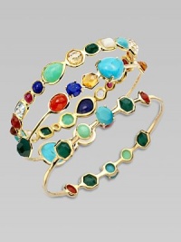 Show your true colors in this bright and bold semi-precious design set in radiant 18k gold. Dyed red agate, madeira citrine, turquoise, mother-of-pearl, gold green agate, orange citrine, chrysoprase, lapis, clear quartz, ruby and blue topaz18K goldDiameter, about 2½Slip-on styleImported Please note: Bracelets sold separately. 