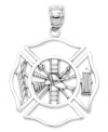 Honor a courageous fireman (or woman) with this symbolic charm. Crafted in 14k white gold, charm features a shield with a ladder, hat, and fire hydrant. Chain not included. Approximate length: 1-1/10 inches. Approximate width: 4/5 inch.