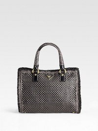 This top-handle silhouette features rich goatskin leather that was hand-woven in India.Double top handles, 5 drop Top snap closure Protective metal feet One inside zip pocket One inside open pocket Suede lining 12½W X 9½H X 5½D Made in Italy This top-handle silhouette features rich goatskin leather that was hand-woven in India.Double top handles, 5 drop Top snap closure Protective metal feet One inside zip pocket One inside open pocket Suede lining 12½W X 9½H X 5½D Made in Italy