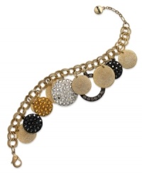Once, twice, three times the fashion! This jingling charm bracelet from Alfani shakes its stuff with round discs in gold, silver, and hematite tones. Embellished with glass accents. Crafted in gold tone mixed metal. Approximate length: 7 inches + 1-1/4-inch extender. Once, twice, three times the fashion! This jingling charm bracelet from Alfani shakes its stuff with round discs in gold, silver, and hematite tones. Embellished with glass accents. Crafted in gold tone mixed metal. Approximate length: 7 inches + 1-1/4-inch extender.