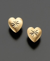 Heart-shaped earrings dazzle in polished 14k gold, embellished with tiny stars. Heart-shaped earrings dazzle in polished 14k gold, embellished with tiny stars.