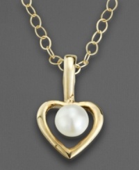 The perfect gift for your favorite little sophisticate. Suspended in the center of this elegant open heart pendant is a lustrous cultured pearl. Crafted of 14k gold. Chain measures 15. The perfect gift for your favorite little sophisticate. Suspended in the center of this elegant open heart pendant is a lustrous cultured pearl. Crafted of 14k gold. Chain measures 15.