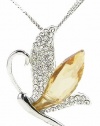 Stylized Dragonfly Swarovski Elements Crystal Pendant Necklace W 18k White Gold Plated Double Chain (White)