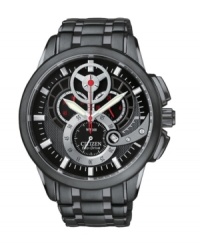 Striking hardware adds high-impact style to the dial of this Eco-Drive watch by Citizen. Striking hardware adds high-impact style to the dial of this Eco-Drive watch by Citizen.