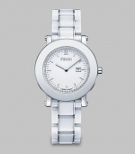 From the Fendi Ceramic Collection. A sleek ceramic design accented with a dazzling diamond dial and an useful date-function. Swiss quartz movementWater resistant to 5 ATMRound ceramic and stainless steel case, 38mm (1.5) Smooth white ceramic bezelDiamond accented white dial, .25 tcwBar hour markersDate display at 3 o'clockWhite ceramic and stainless steel link bracelet, 18mm wide (0.7)Made in Switzerland 