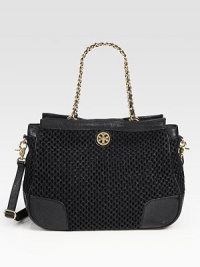 Elegant leather and crocheted yarn design, topped with chain-woven handles and a versatile shoulder strap. Double chain and leather top handles, 7½ dropDetachable adjustable shoulder strap, 12-24¼ dropTurnlock closureProtective metal feetOne inside zip pocketOne inside open pocketCanvas lining10¾W X 10¾H X 5¼DImported Elegant leather and crocheted yarn design, topped with chain-woven handles and a versatile shoulder strap. Double chain and leather top handles, 7½ dropDetachable adjustable shoulder strap, 12-24¼ dropTurnlock closureProtective metal feetOne inside zip pocketOne inside open pocketCanvas lining10¾W X 10¾H X 5¼DImported