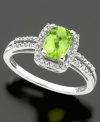 August's birthstone shines bright on this gorgeous ring. Princess-cut peridot (1 ct. t.w.) and round-cut diamond (1/6 ct. t.w.) set in 14k white gold.