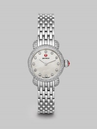 From the CSX Collection. A sleek stainless steel design with dazzling diamond accented case, bezel and markers. Swiss quartz movementWater resistant to 5 ATMRound, diamond accented stainless steel case, 26mm (1)Diamond bezelMother-of-pearl dialDiamond hour markersDiamonds, 1.1 tcwStainless steel link bracelet, 12mm wide (0.5)Imported From the CSX Collection. A sleek stainless steel design with dazzling diamond accented case, bezel and markers. Swiss quartz movementWater resistant to 5 ATMRound, diamond accented stainless steel case, 26mm (1)Diamond bezelMother-of-pearl dialDiamond hour markersDiamonds, 1.1 tcwStainless steel link bracelet, 12mm wide (0.5)Imported