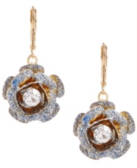 Every girl needs a little extra sparkle. Betsey Johnson's flirty flower earrings feature a dusting of blue glitter and a clear crystal accent at center. Set in gold-plated mixed metal. Approximate drop: 1-3/8 inches.