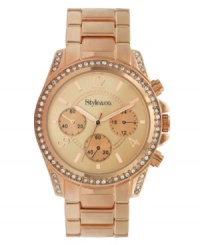 A touch of glamour goes a long way. Watch by Style&co. crafted of gold tone mixed metal bracelet and round case. Bezel embellished with crystal accents. Gold tone dial features applied numerals and stick indices, three multifunctional subdials, three hands and logo. Quartz movement. Splash resistant. Two-year limited warranty. A touch of glamour goes a long way. Watch by Style&co. crafted of gold tone mixed metal bracelet and round case. Bezel embellished with crystal accents. Gold tone dial features applied numerals and stick indices, three multifunctional subdials, three hands and logo. Quartz movement. Splash resistant. Two-year limited warranty.