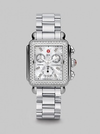 From the Deco Collection. A sleek stainless steel design with brilliant diamond accents and a chronograph dial. Swiss quartz movementWater resistant to 5 ATMRectangular stainless steel case, 33mm (1.3) X 35mm (1.4)Diamond bezel and markers, .66 tcwMother-of-pearl chronograph dialDate display at 6 o'clockSecond hand Stainless steel link bracelet, 18mm wide (0.7)Imported From the Deco Collection. A sleek stainless steel design with brilliant diamond accents and a chronograph dial. Swiss quartz movementWater resistant to 5 ATMRectangular stainless steel case, 33mm (1.3) X 35mm (1.4)Diamond bezel and markers, .66 tcwMother-of-pearl chronograph dialDate display at 6 o'clockSecond hand Stainless steel link bracelet, 18mm wide (0.7)Imported